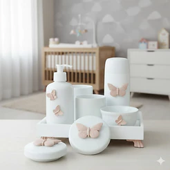 Kit Higiene Bebê K045 Borboletas Rose Porcelanas Mini Térmica Banho Cuidado Bancada Quarto Liquida