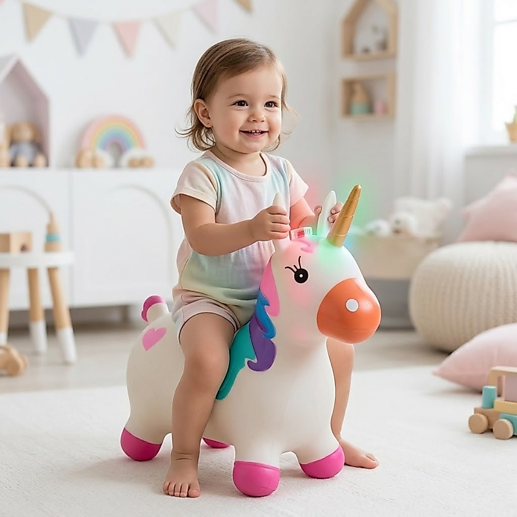 Unicornio Upa Upa Inflavel Pula Pula Com Som Musical Luz LED Vinil Atóxico Menina Coordenacao Motora 3 Anos INMETRO