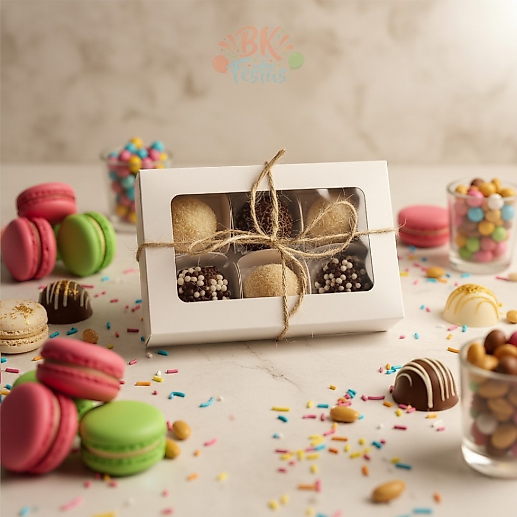 CAIXA DE DOCE C/ 10 UN. TAM M com visor + FORMINHAS - 6 DOCINHOS - EMBALAGEM P/ DOCES, LEMBRANCINHAS, VARIAS UTILIDADES