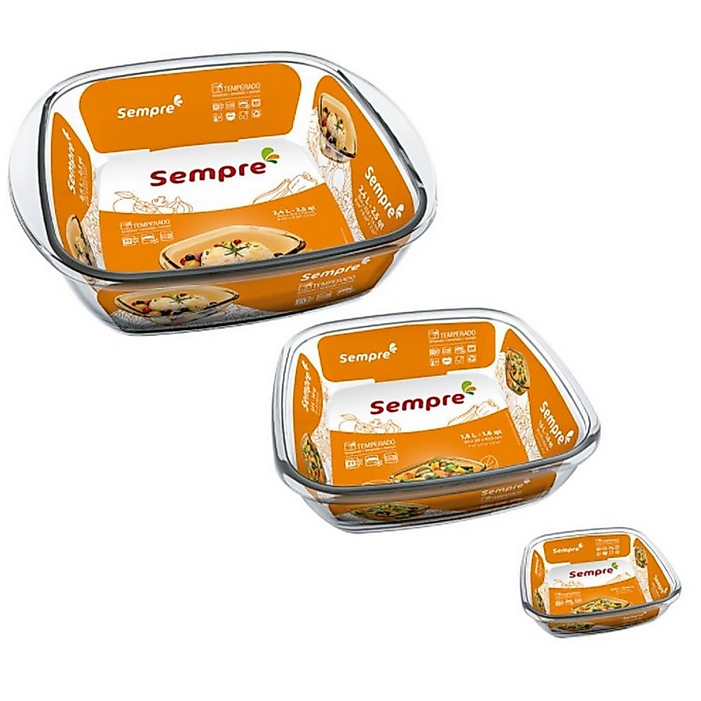 Conjunto de Assadeiras Refratrias Quadradas Sempre em Vidro Sodacal 3 Peas