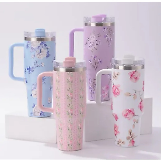 Garrafa 1200ml Térmica Estampa Floral C/ Capinha Silicone Na Base + Tampa Para Canudo