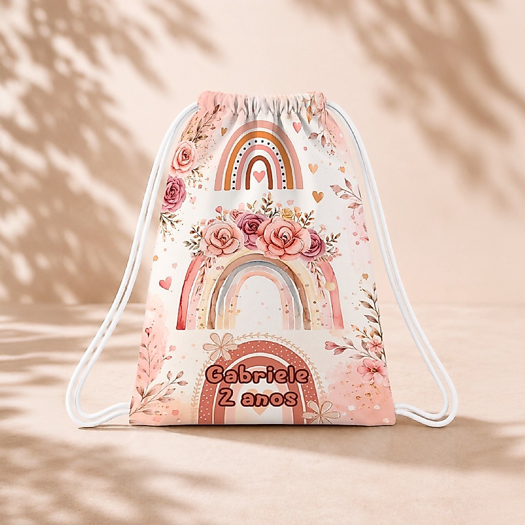 10 Mochila Personalizada Infantil 18x26 Sacolinhas Surpresa Festa Aniversário Lembrancinha Arco Iris Boho