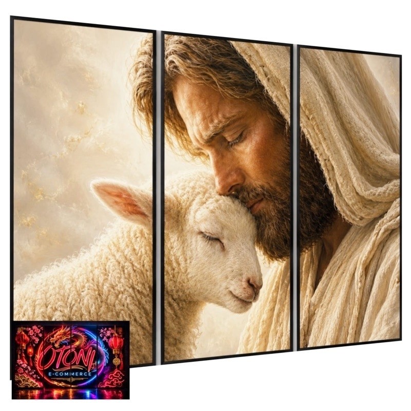 Quadros Decorativos Jesus e Cordeiro Religioso Kit 3 Peças Decoração Sala Quarto Escritório Decoração