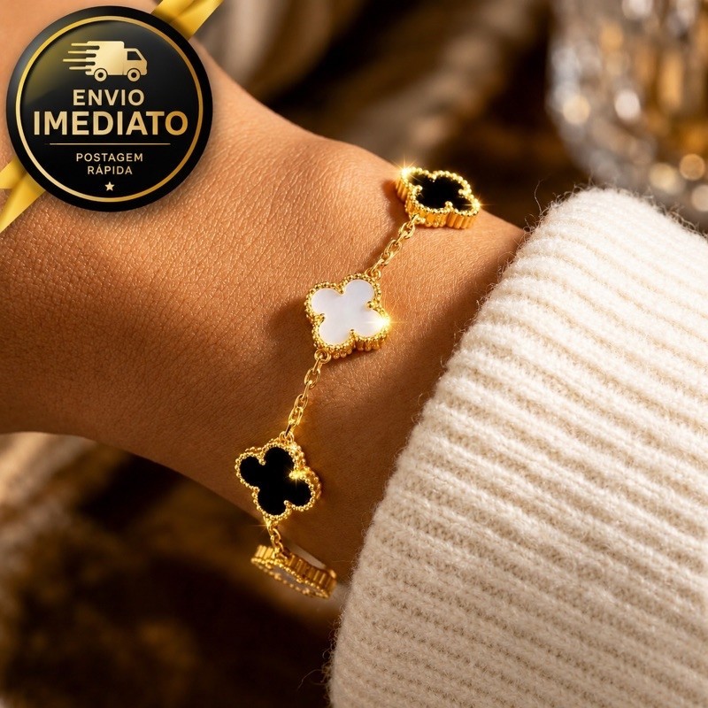 Pulseira Trevo 4 Folhas Banhada Ouro 18K Unissex Ajustável Semijoia Luxo Pronta Entrega
