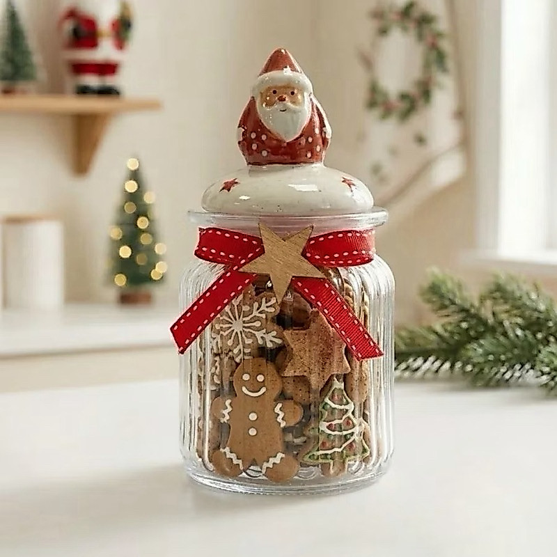 Pote De Vidro Natalino Canelado 300ml Tampa de Cerâmica Papai Noel