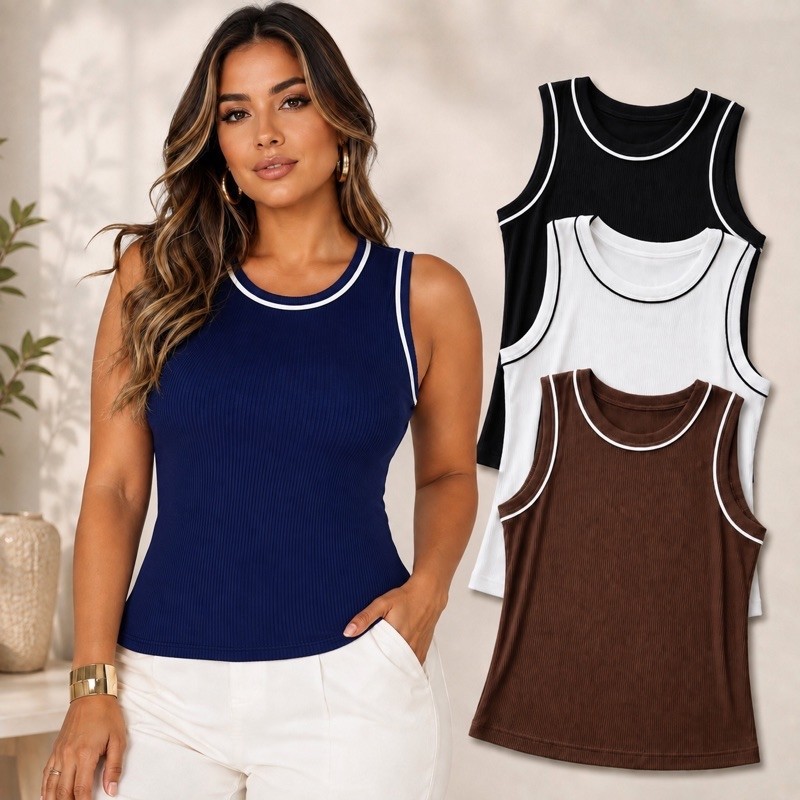 Blusa regata feminina canelada ribana casual alça larga confortável dia dia barata estilosa
