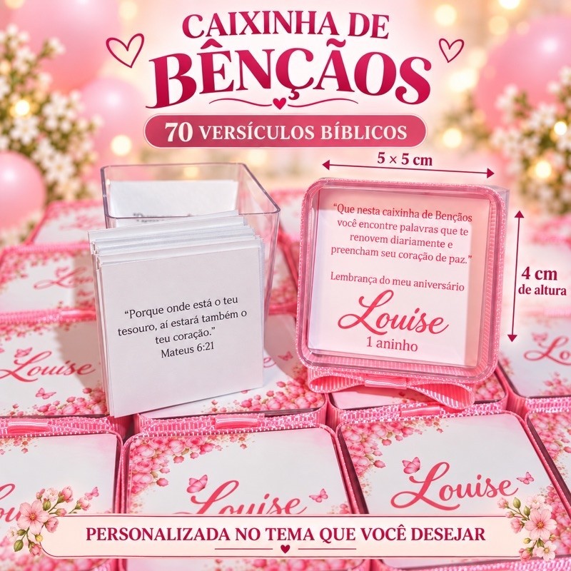 Kit 20 Caixinha de Bênçãos Personalizada com 70 Versículos Lembrancinha Aniversário e Batizado