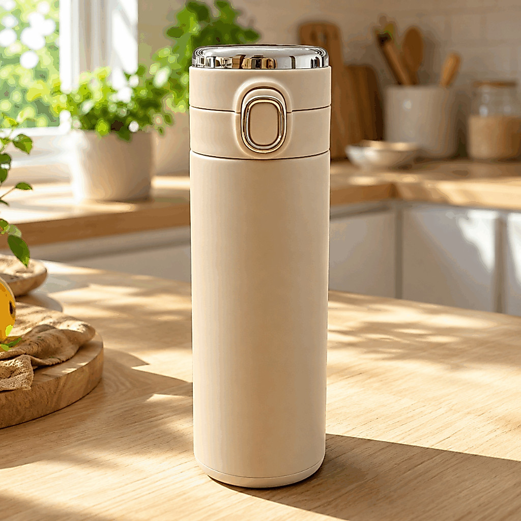 Garrafa Térmica 420ml Aço Inoxidável Livre de BPA, Abertura por Botão, Mantém Quente e Gelado para Café, Água, Escritóri