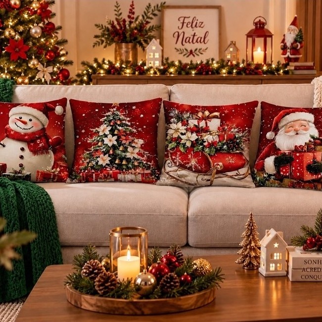 KIT 4 CAPAS DE ALMOFADAS DECORATIVAS NATAL PAPAI NOEL ,BONECO DE NEVE ,  RENA - TAMANHO 45X45