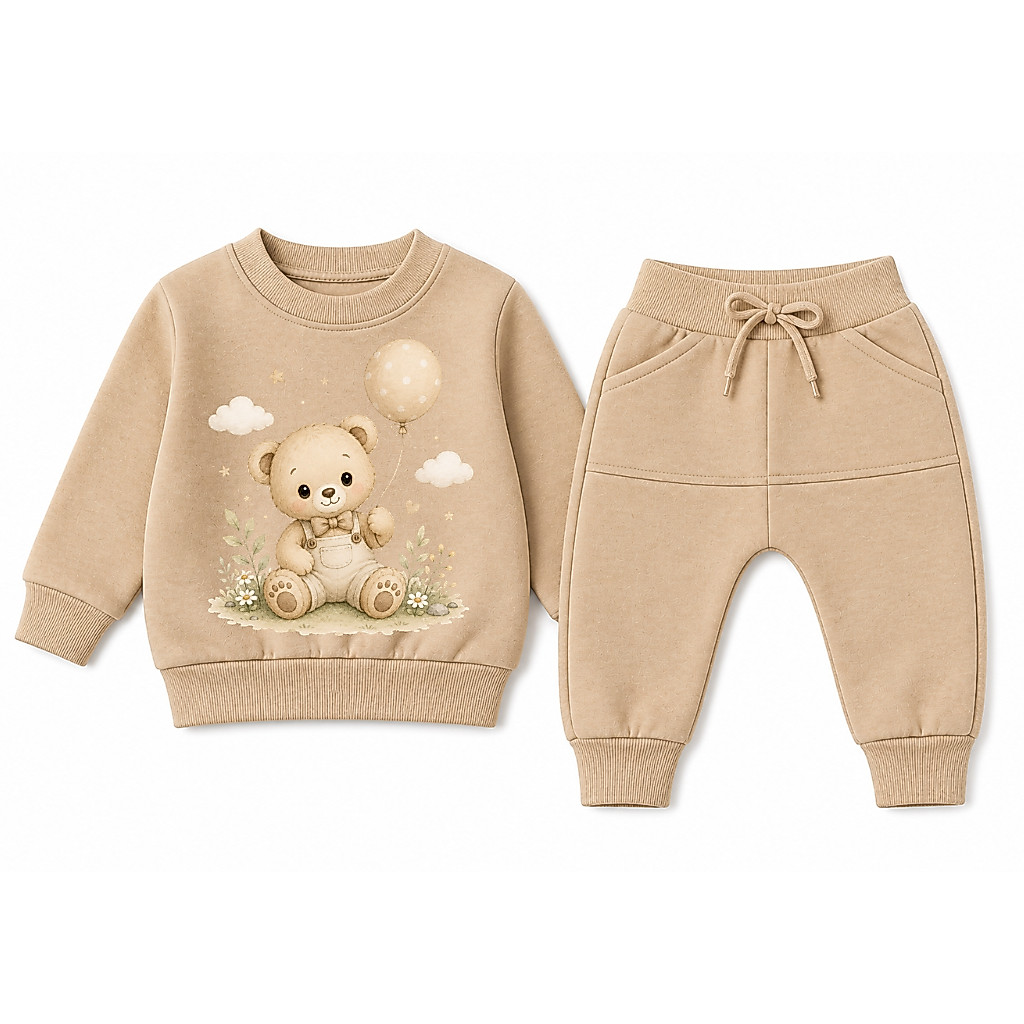 Conjunto De Moletom Masculino Bege Ursinho com Balão - Tamanhos De 0 a 12 Meses