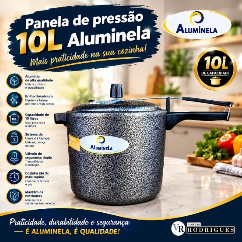 Panela de pressão 10L Aluminela, testada e com selo do INMETRO