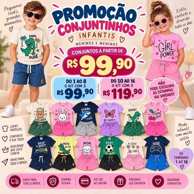 Kit 3 Conjuntos Infantis Menino e Menina Estampas Sortidas – Roupas Infantis Promoção
