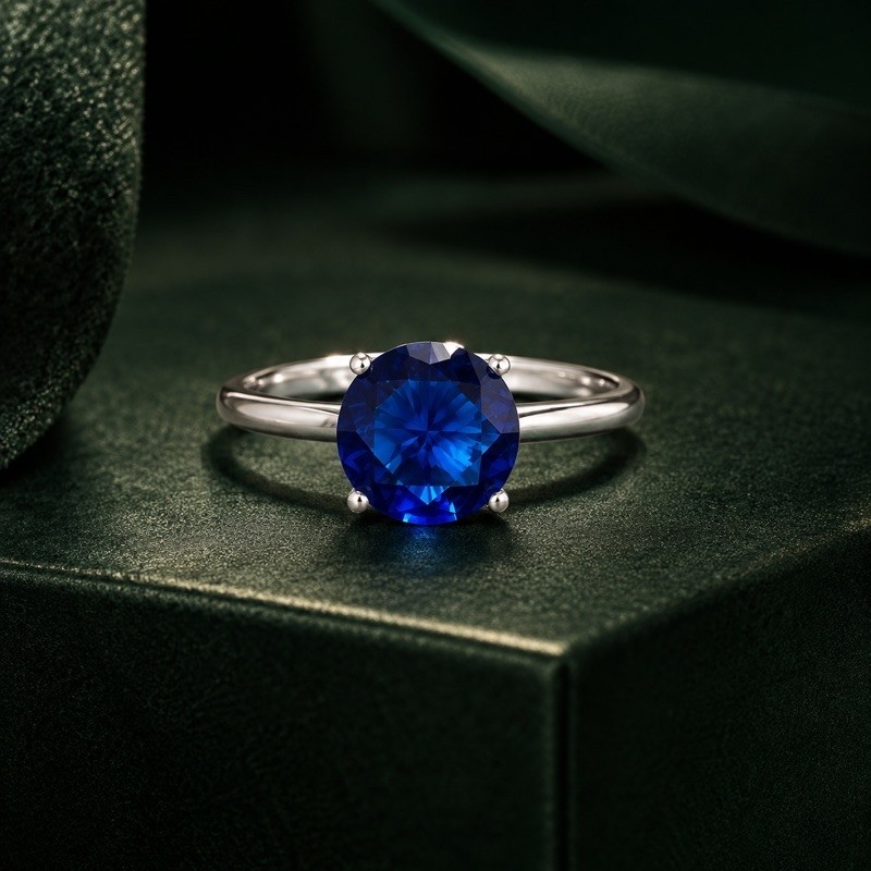Anel Feminino Solitário 8mm Azul Escuro em Prata 925 Sofisticado