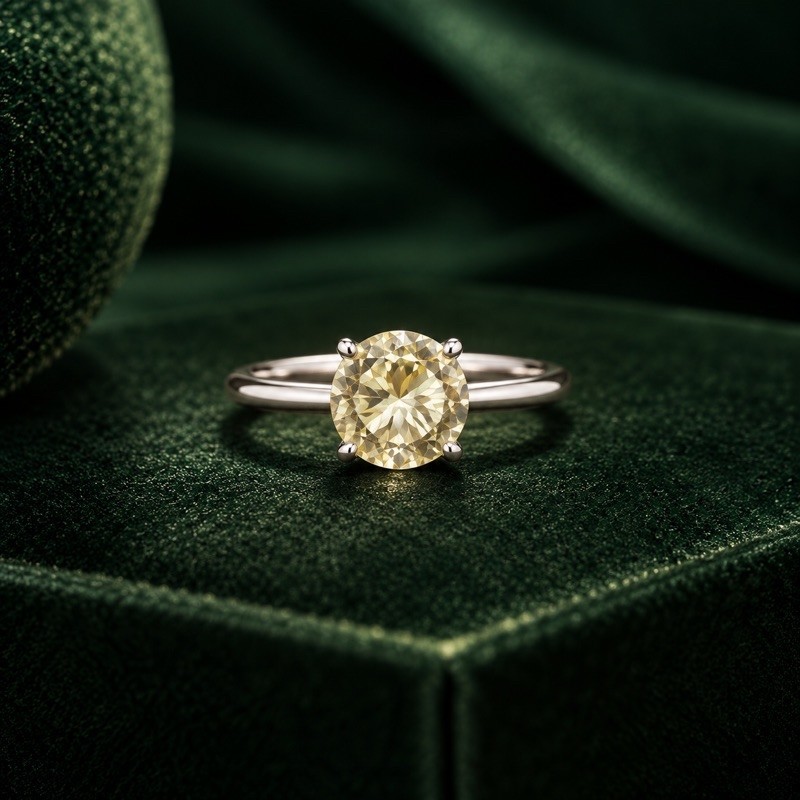 Anel Feminino Solitário Amarelo Claro 8mm em Prata 925 Delicado