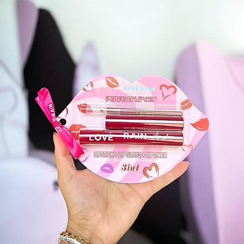 Kit Labial 3 em 1 Love Rain Lápis Labial Balm Gloss Lip Combo Maquiagem Kit Maquiagem