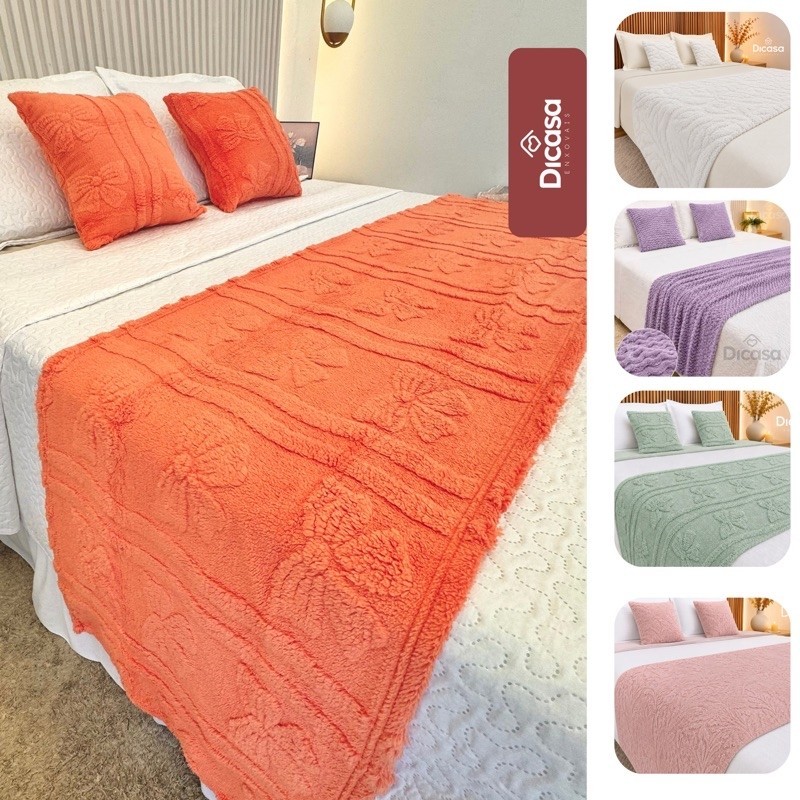 Kit Peseira Manta Decorativa para Cama 1 Peseira e 2 Capas de Almofada Elegante Casal Queen King
