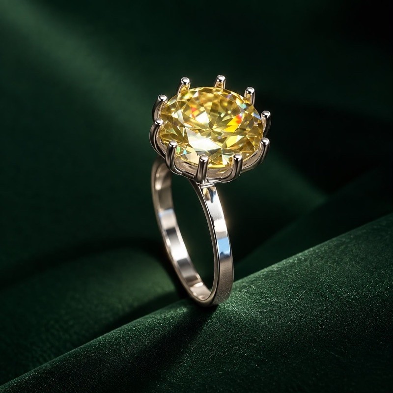 Anel Solitário Moissanite 12mm Amarelo em Prata 925