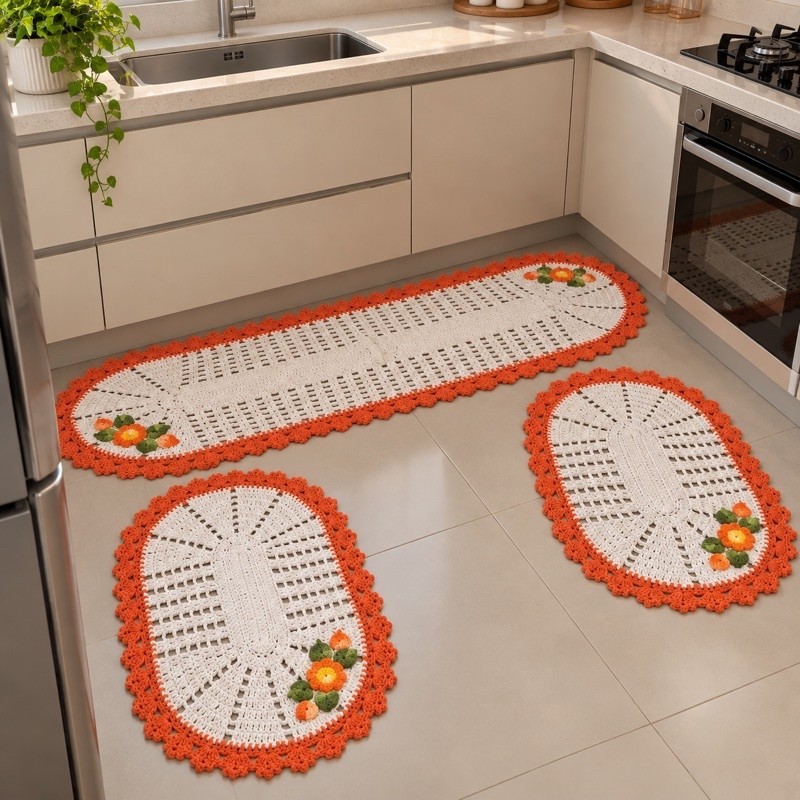 Kit Tapete e Passadeira Cozinha Oval 3 Peças Cristal Bordado