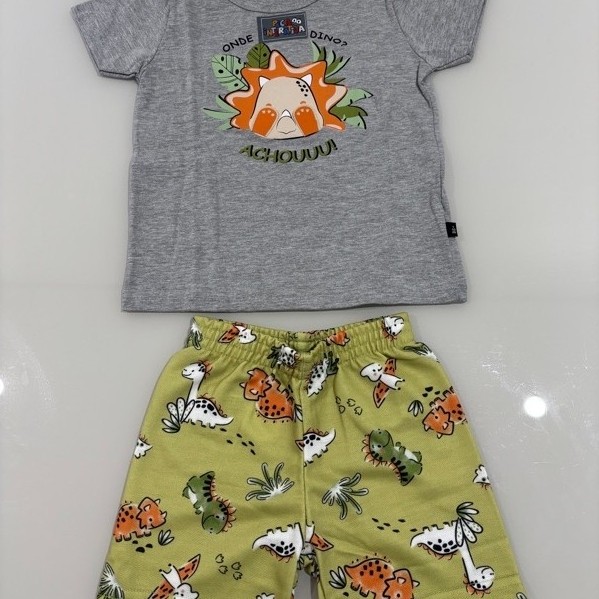 conjunto infantil masculino camiseta cinza com olhos interativos (levanta o tecido) e bermuda verde estampada dinossauro