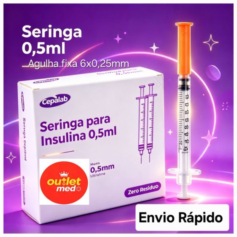 Seringa Insulina 0,5ml Agulha Fixa 6x0,25mm kits 5 a 30 unidades.