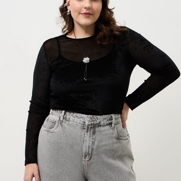 Blusa Tule Velvet Manga Longa Plus Size Curve Ashua Renner