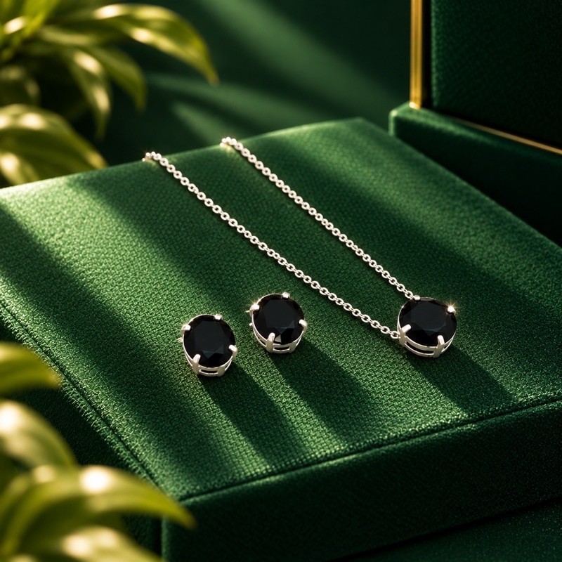 Conjunto Colar e Brinco Oval Preto em Prata 925 elegante e atemporal