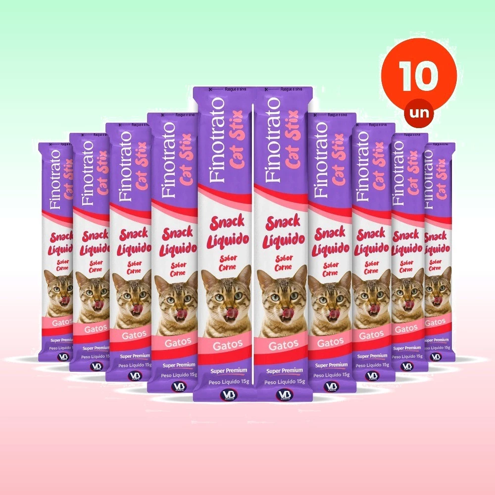 Kit 10 Petisco Finotrato Cat Stix Gatos Adultos Sabor Carne 15 G