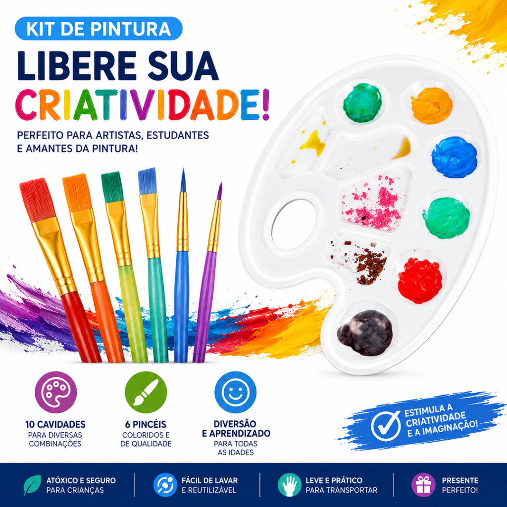 Kit Para Pintura 7 Peças Com Pincel Colorido e Paleta Godê Escolar Infantil