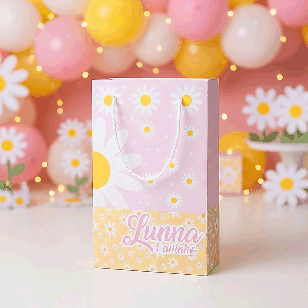Sacolinha Personalizada com Nome e Idade - Tema Margaridas - Lembrancinha Aniversário - Pegue e Monte