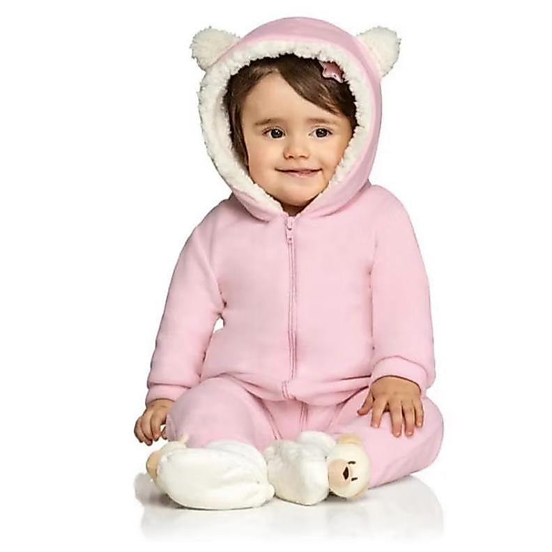 Macacão Bebê Ursinho Quente Soft Menina com Capuz Orelhinha do