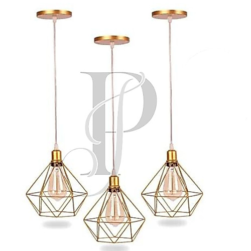Pendentes Diamante Aramado Dourado Cabo Regulável Kit C/3