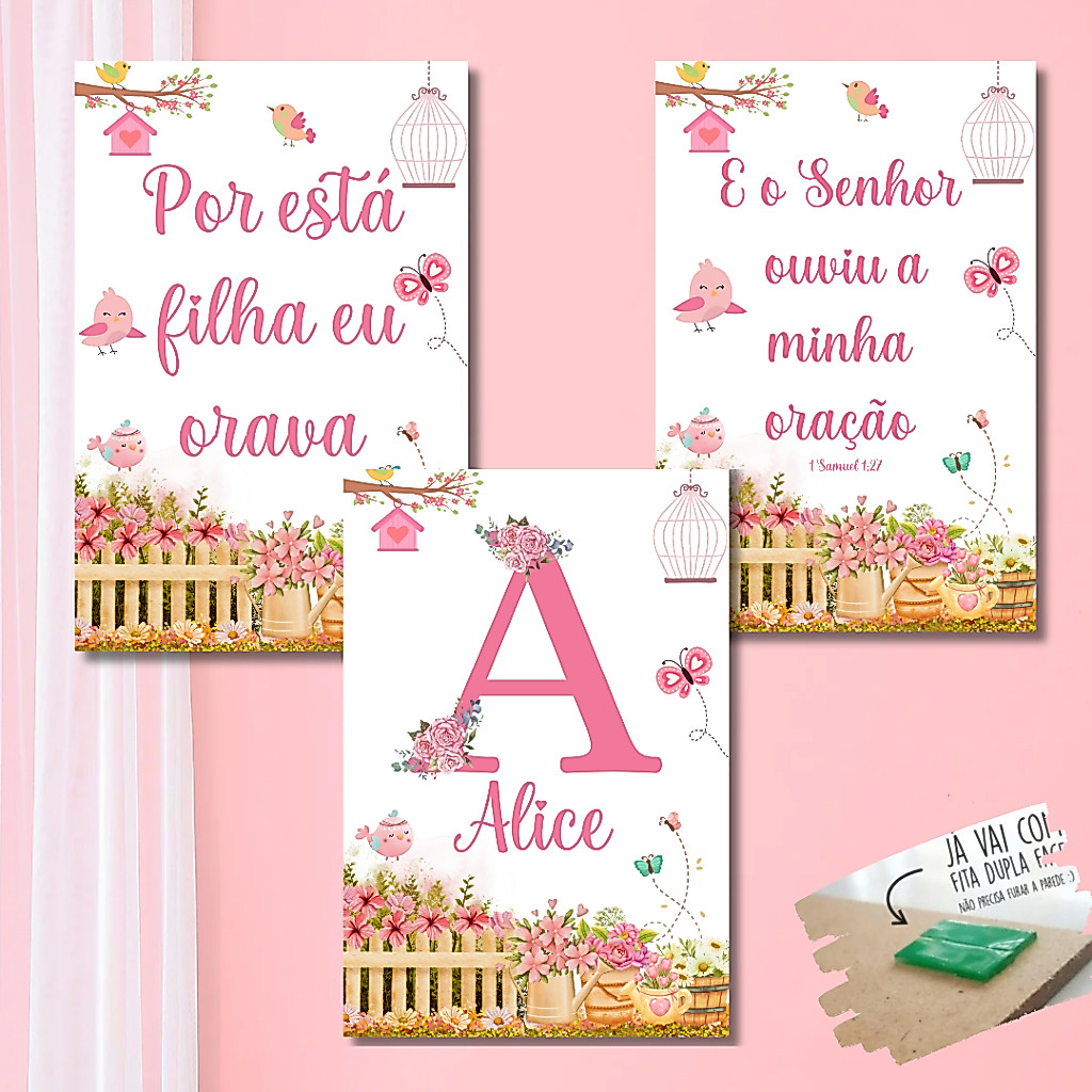 Kit 3 Quadros Decorativos Jardim Placa Decorativa MDF Quarto Infantil Bebê