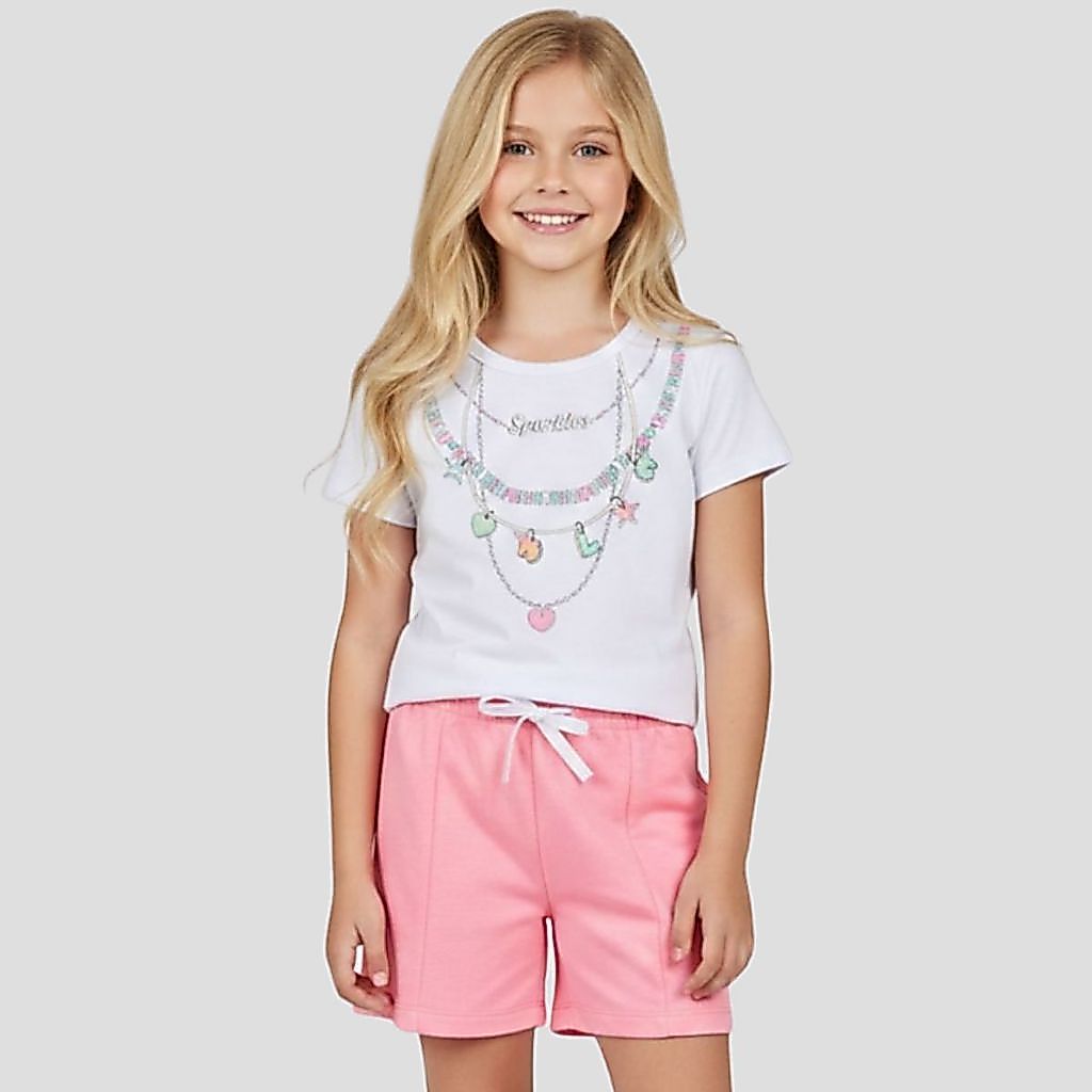 Conjunto Infantil Menina Blusa e Shorts de Verão Confortável Casual Roupa Feminina - 4 ao 14