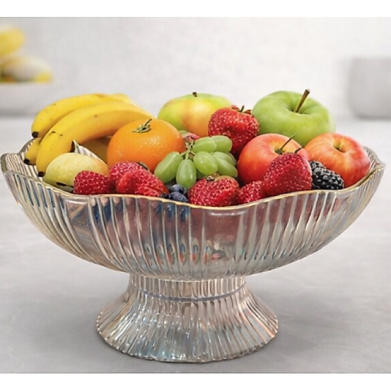 Centro De Mesa Fruteira Decorativa Em Acrílico Com Pé Borda Dourada
