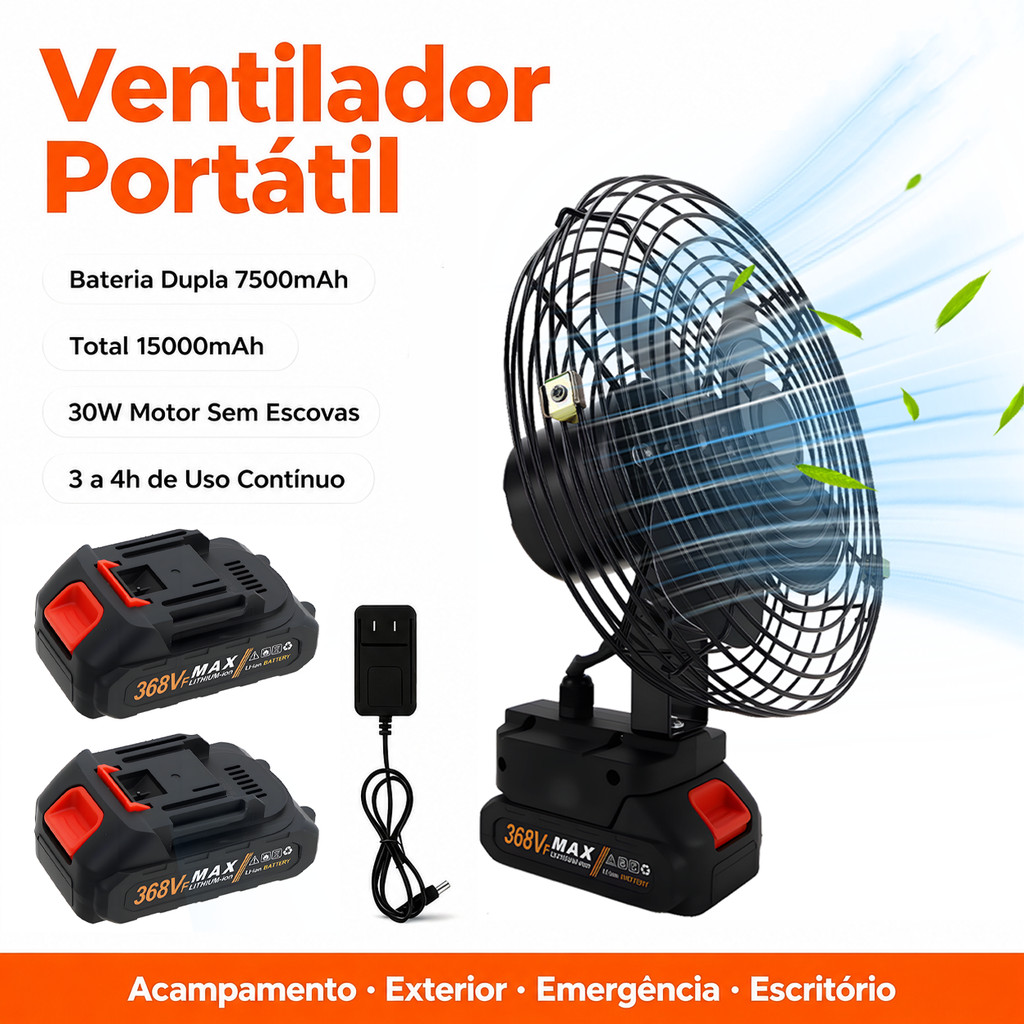 Imagem Ventilador Portátil 15000mAh Bateria Dupla 30W Potência, 45° Ajuste Carregamento Rápido, Ideal para Camping e Emergência