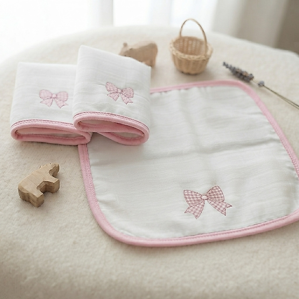 Trio Fraldas de Boca Bebê Menina Laço Rosa Bordadas 100% Algodão Macias Antialérgicas Luxo