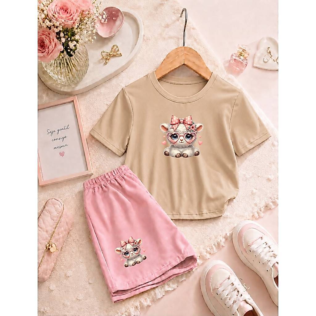 Conjunto Infantil Feminino de Verão Camiseta Básica e Short de Moletom Leve e Confortável Estampa Ovelhinha Fofa