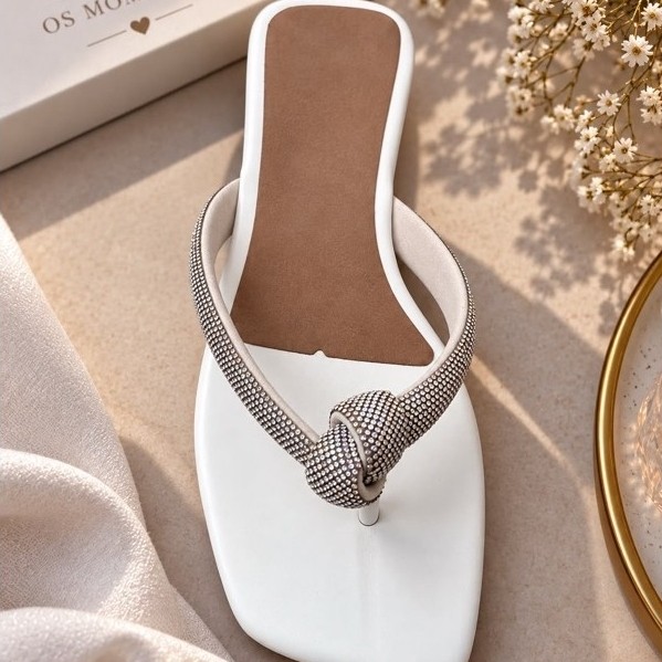 Rasteirinha Feminina com Strass e Nó | Bico Quadrado | Chinelo Feminino Elegante e Confortável