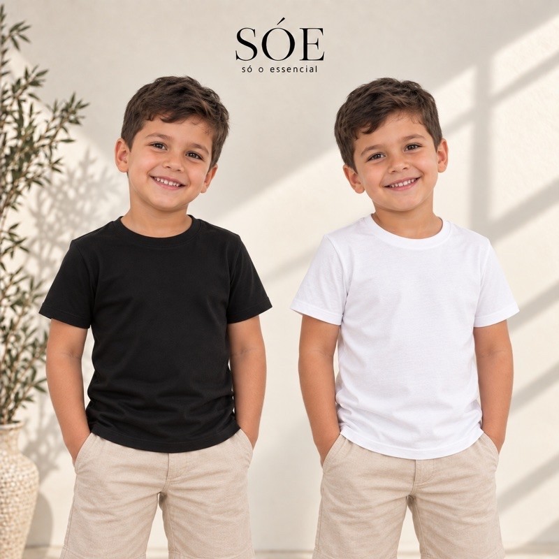 Kit 2 Camisetas Infantil Masculina Básica Algodão Preta e Branca Manga Curta Menino