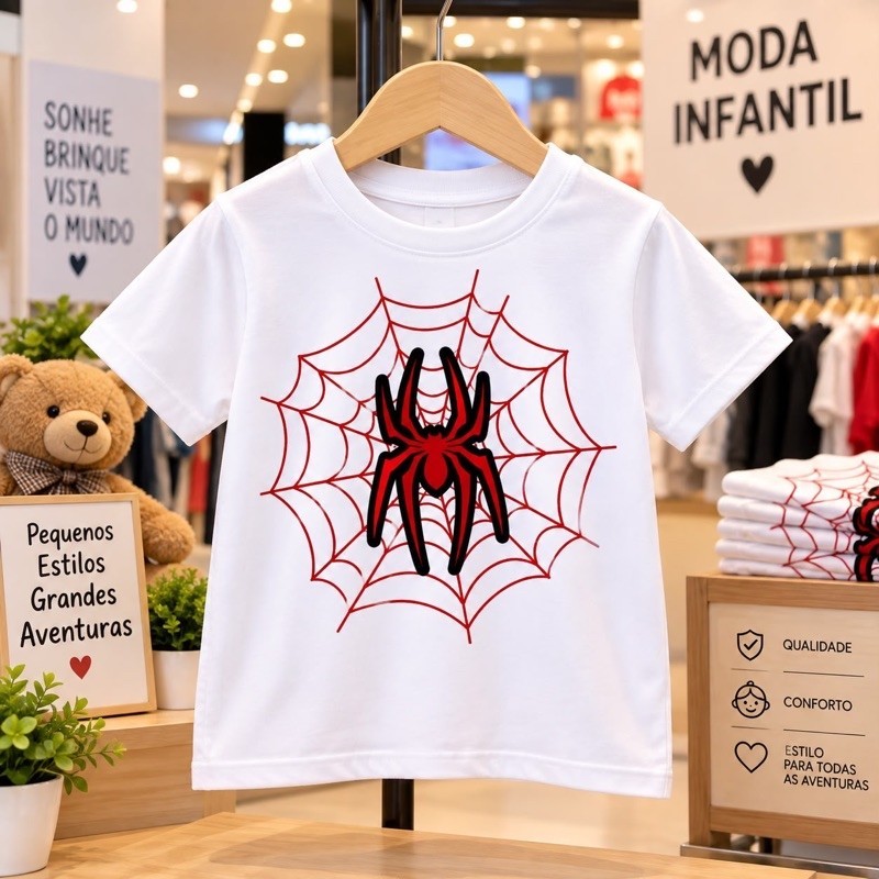 Camiseta Infantil Aranha Spider Teia Estampada Menino Menina Algodão Manga Curta