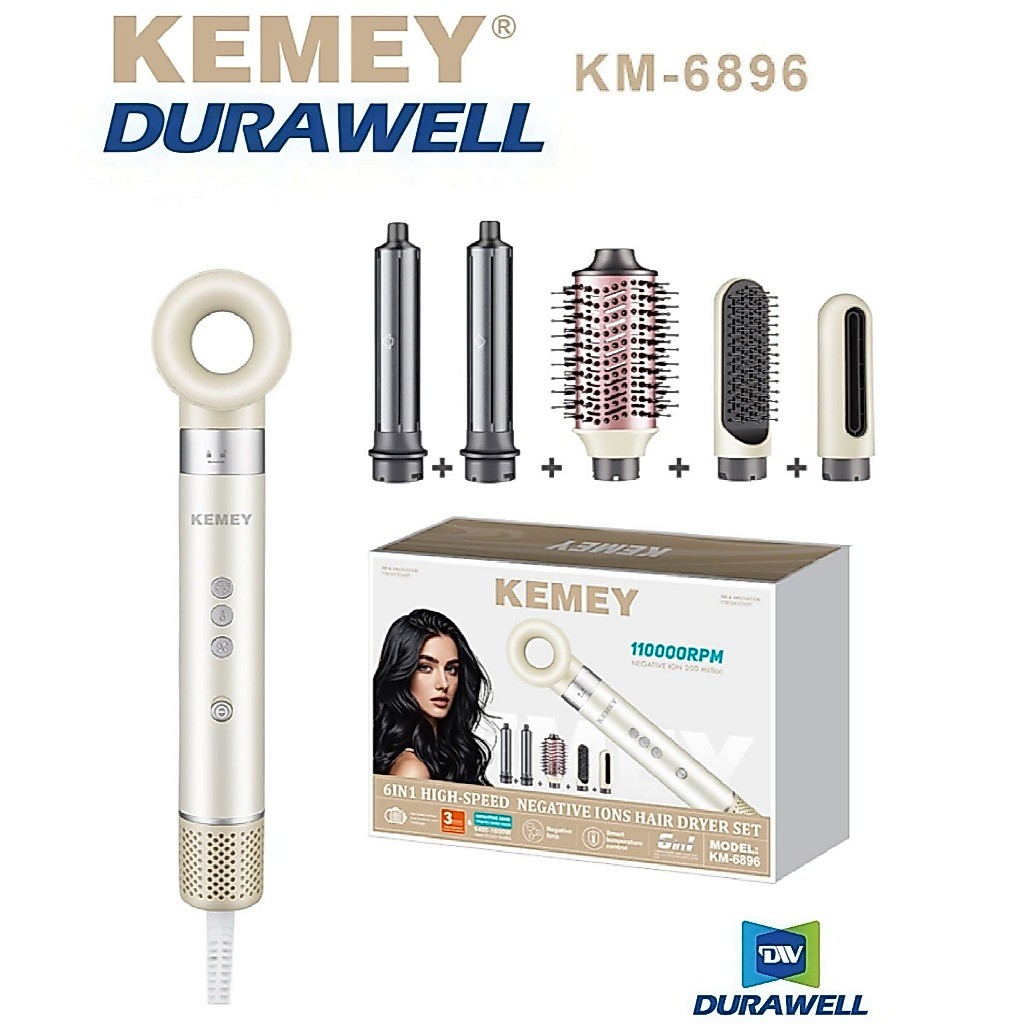 Secador E Modelador De Cabelo Multifuncional 6 Em 1 Kemei Alta Velocidade 110000RPM Íons Negativos KM-6896