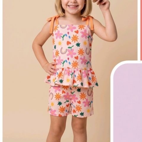 Conjunto Infantil Menina Malha Canelada Estampado Delicado Blusa e Shorts Roupa Infantil Feminina Verão Casual