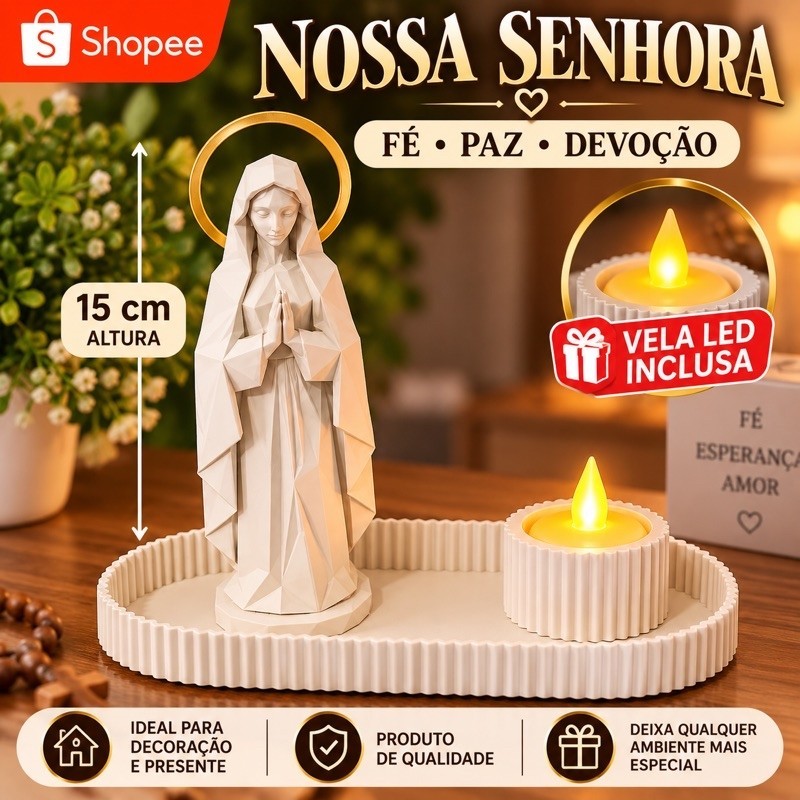 Kit Nossa Senhora+Bandeja+Porta vela+Vela Led/Decoração Religiosa