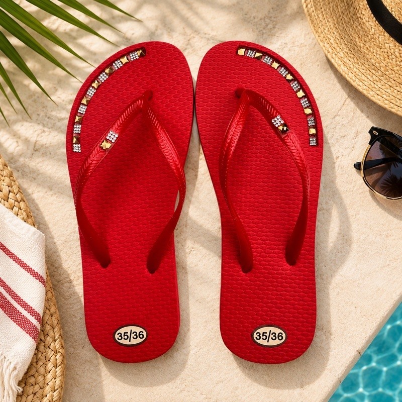 Chinelo Feminino Com Pedrarias Strass Vermelho Rasteirinha Confortável Leve Verão Praia Dia a Dia