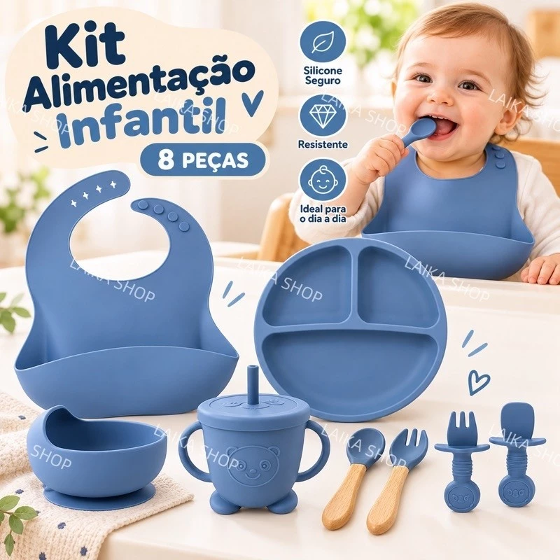 Conjunto 8 peças de Silicone para Bebê Prato com Ventosa, Babador, Colher e Garfo Livre de BPA