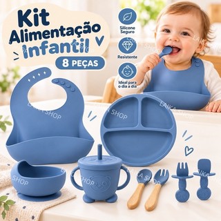 Conjunto 8 peças de Silicone para Bebê Prato com Ventosa, Babador, Colher e Garfo Livre de BPA