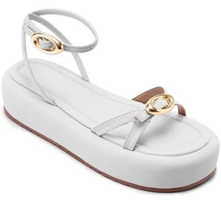 Sandália Feminina Lumiss Flatform Tiras Finas Fivela Oval Dourada Confortável Off White