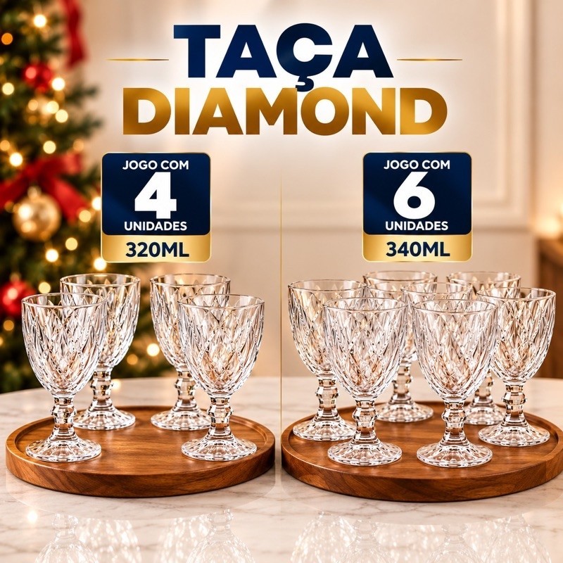 Jogo De 6 Taças De Vidro transparente Diamond 320ml Com Design Sofisticado