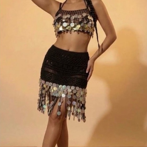 Top corais , feito de crochê com apliques de madrepérola , pedreiras, e corais ou conjunto de crochê corais