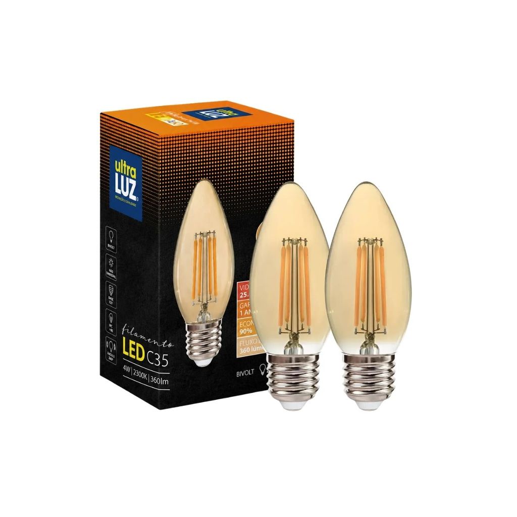 Kit 2 Lâmpadas LED Filamento Retrô C35 4W 2300K Branco Quente E27 Bivolt Ultraluz
